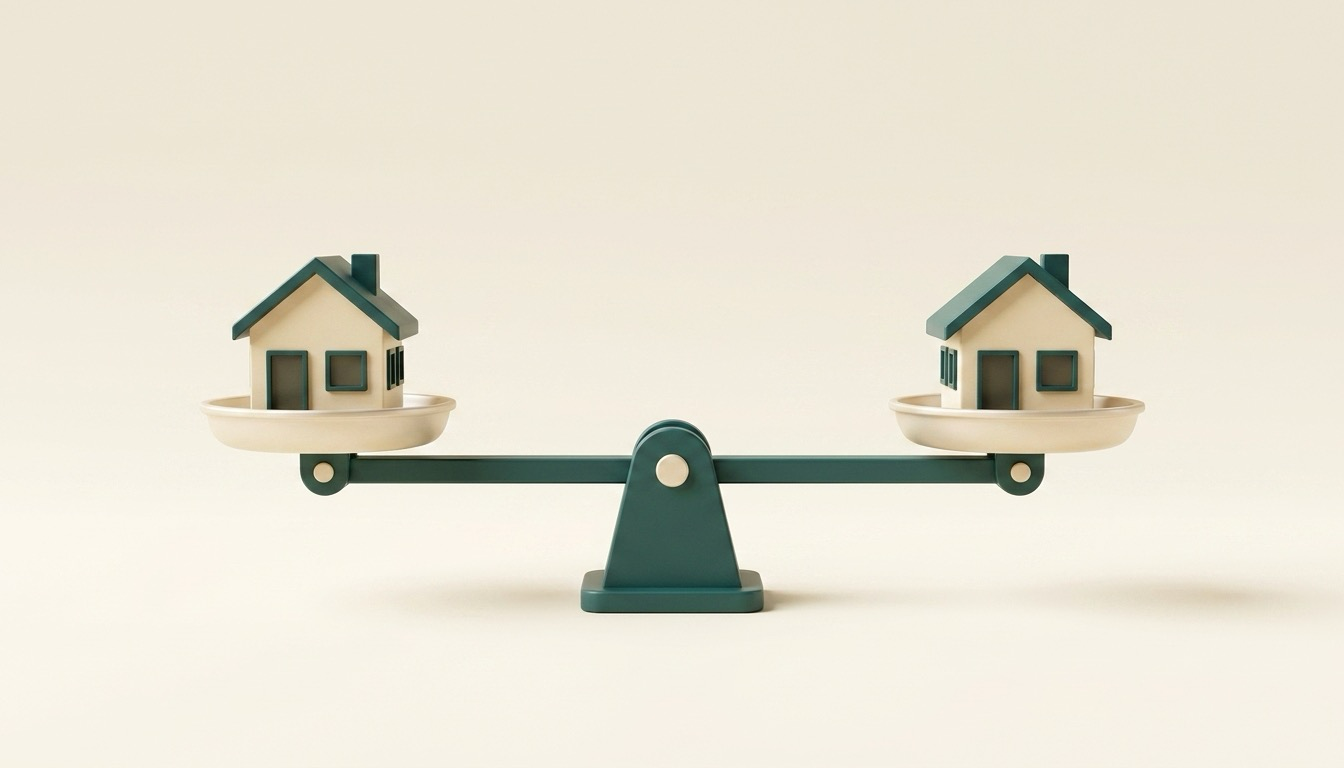 3D still-life of a perfectly balanced scale holding two identical house models on a warm cream background