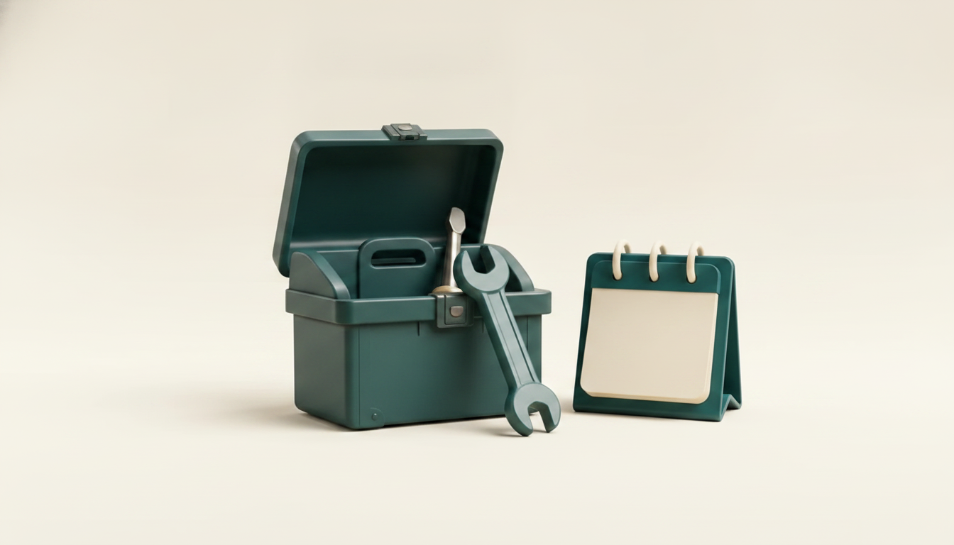 3D still-life of a forest-teal toolbox with a wrench and a standing calendar card on a warm cream background
