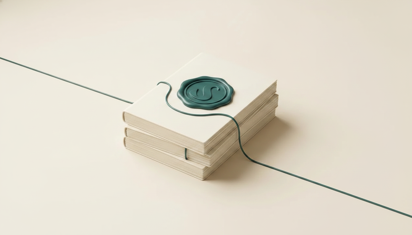 3D still-life of a stack of sealed documents connected by a single teal thread line on a warm cream background