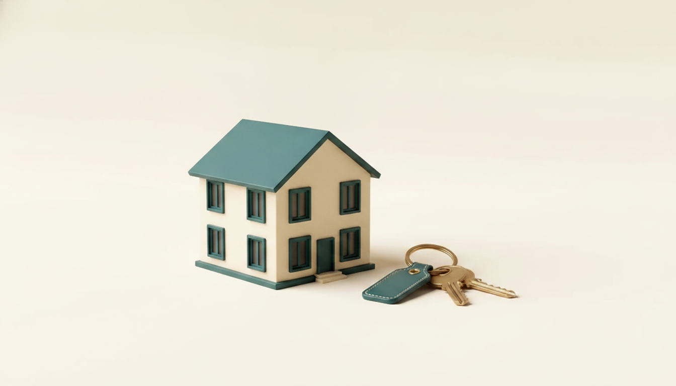 3D still-life of a small house model with a set of keys on a teal keychain on a warm cream background