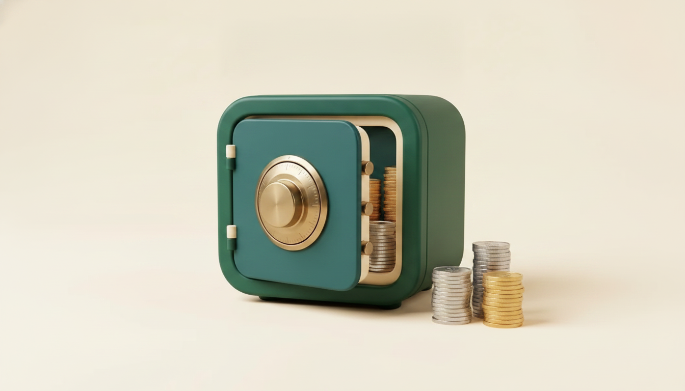 3D still-life of a forest-teal ledger safe with stacks of coins beside it on a warm cream background