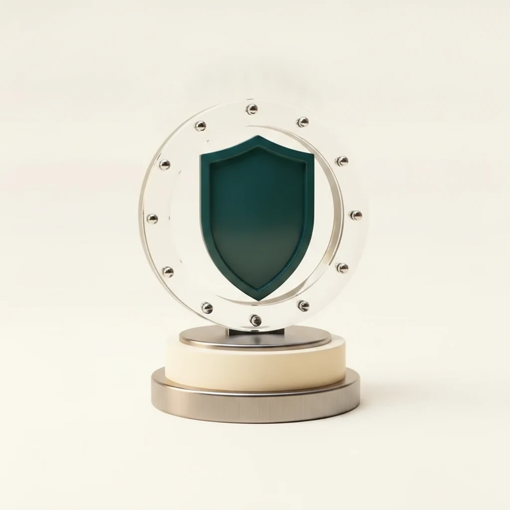 3D render of a teal trust emblem in a glass ring representing Sentus Trust, governance and audit