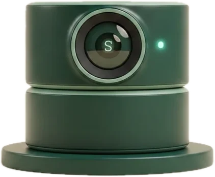 3D render of the Sentus Lens device, a round stacked camera with a glowing teal lens representing visual triage for maintenance