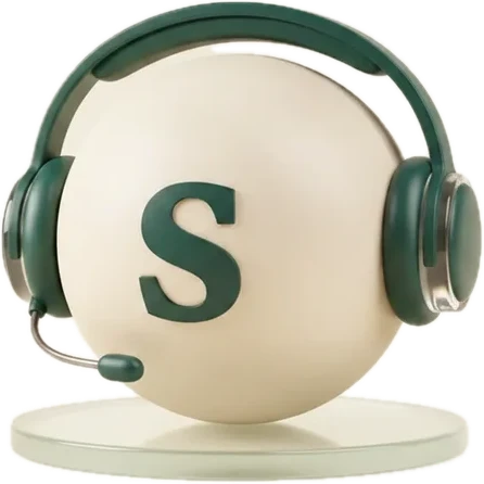 3D render of a cream ceramic orb wearing a deep forest headset, representing Sophia, the AI voice front desk