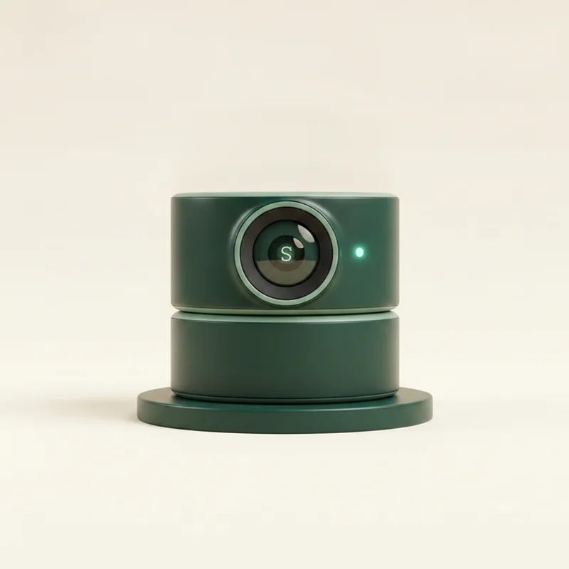 3D render of the Sentus Lens device, a round stacked camera with a glowing teal lens representing visual triage for maintenance