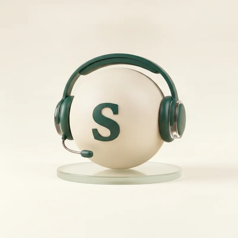 3D render of a cream ceramic orb wearing a deep forest headset, representing Sophia, the AI voice front desk