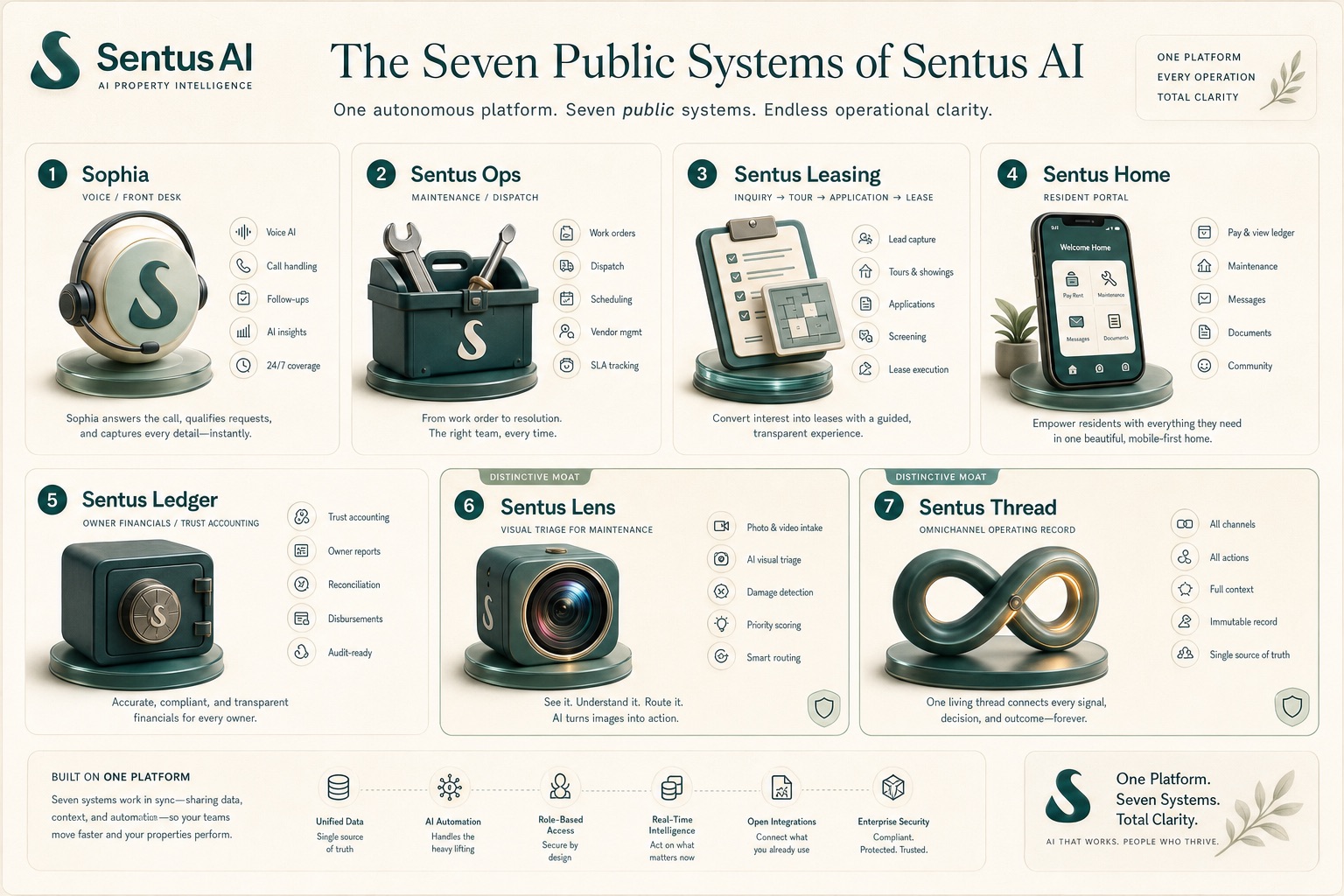 Seven Sentus public systems board showing Sophia, Ops, Leasing, Home, Ledger, Lens, and Thread as one platform.