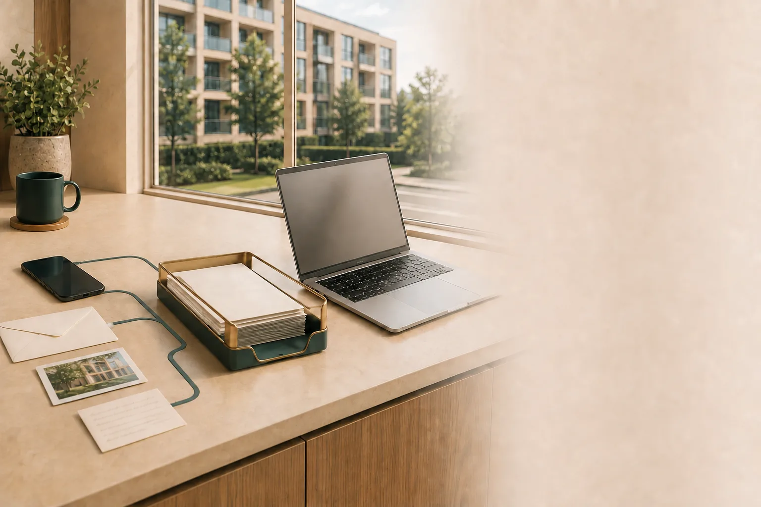 Illustrative bright property office where a phone, envelope, property photo, and note connect through one teal inlay to an organized inbox tray beside a laptop.