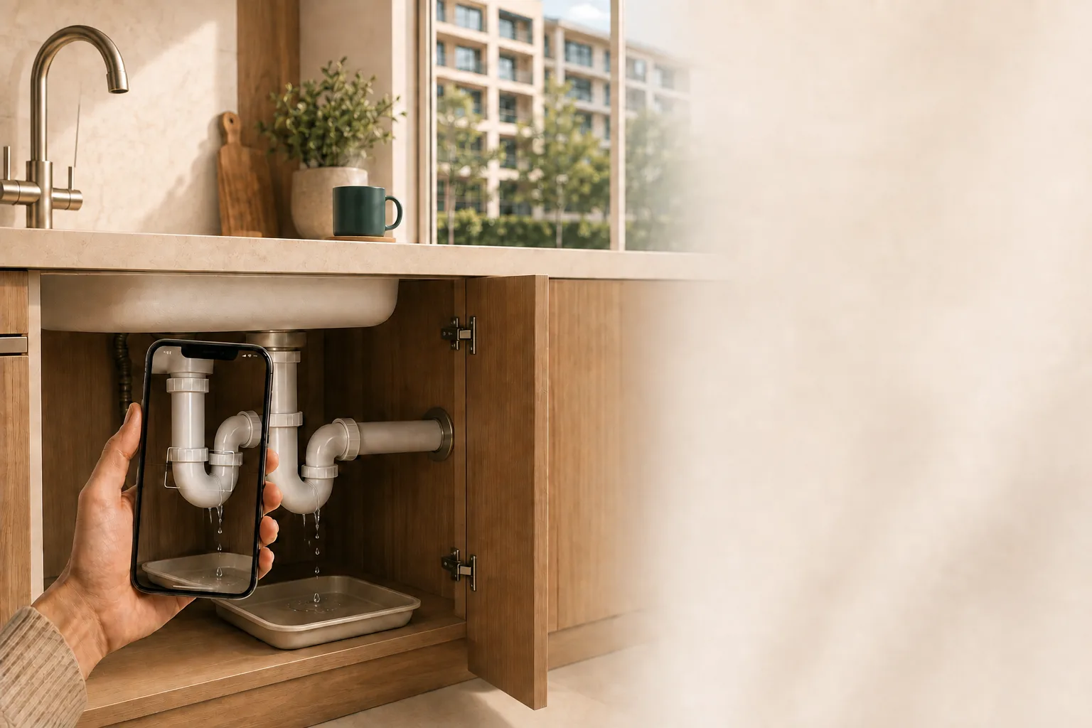 Illustrative apartment kitchen scene with one resident phone photographing an active under-sink pipe leak as water drips into a catch tray; a plain unbranded mug rests safely on the rear counter.