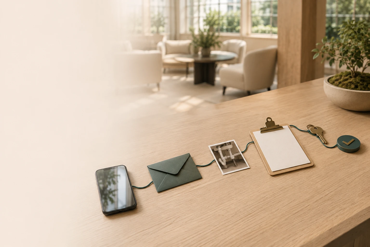 Illustrative property operations journey where a phone, message, maintenance photo, work order, key, and completed state stay connected by one continuous teal thread.